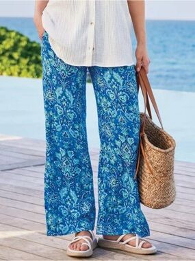 Soft Surroundings Khulani Gauze Pants Sz L Blue Paisley Floral Wide Leg Pockets
